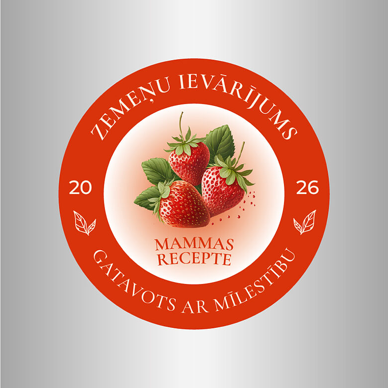 Zemeņu ievārījuma uzlīmes burciņām “Mammas recepte” – 60 mm | gaišais fons