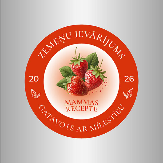 Zemeņu ievārījuma uzlīmes burciņām “Mammas recepte” – 60 mm | gaišais fons